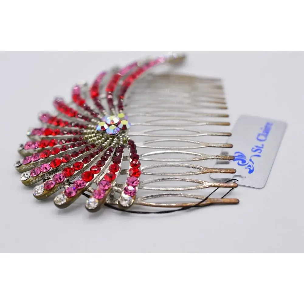 St. Clair Vintage Red Rhinestone Crystal Hair Pin Comb Aurora Borealis Pink